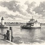 Ink sketch of a car ferry crossing a bay past a lighthouse