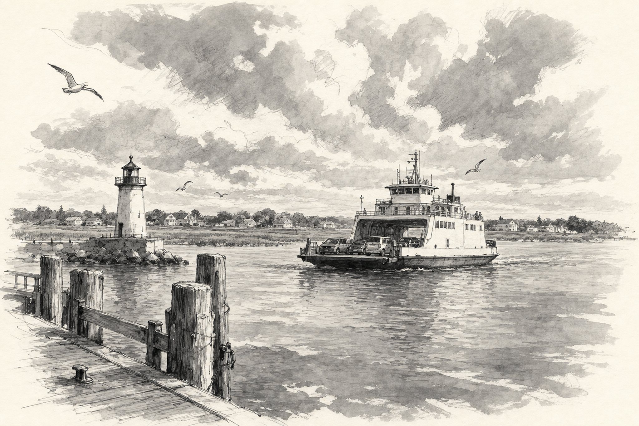Ink sketch of a car ferry crossing a bay past a lighthouse